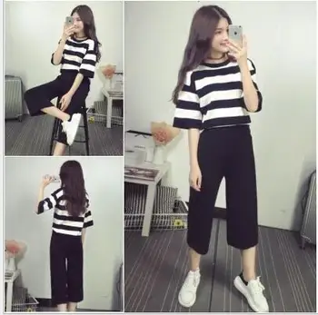 

Student Summer Calf Length Pants Two Sets Leisure T Shirt Wide Leg Pants 2 Two Piece Set Conjuntos Mujer Dos Piezas HJ59
