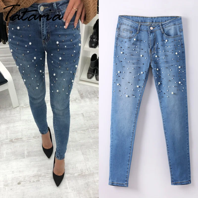 Denim Women Skinny Jeans With Pearls Pants Slim Femme Beading Pearl Jeans Woman 2018 With beads Mid Waist Pencil Jean For Women