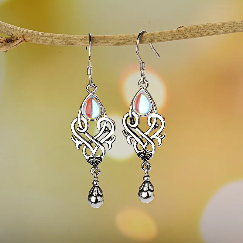 

Antique Vintage Women Dangle Earrings Stone Moonstone CZ Silver Tear Drop Earring Bohemia Indian Fashion Jewelry