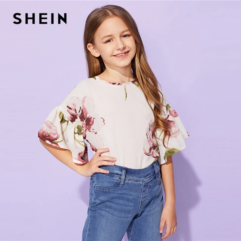 SHEIN/детская блузка с абрикосовым цветочным принтом для девочек; топы для девочек; коллекция года; сезон лето; милые корейские футболки с короткими рукавами и оборками; детская одежда