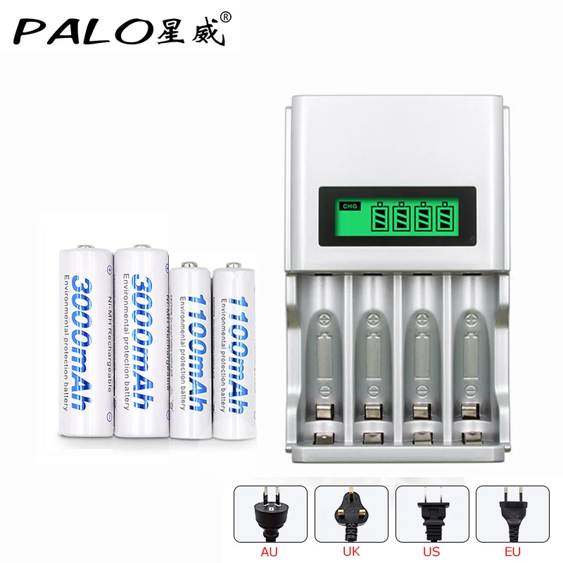 

4 slots AA AAA NIMH nicd quick charge battery intelligent charger with LCD display+2 pcs AA batteries+2 pcs AAA batteries