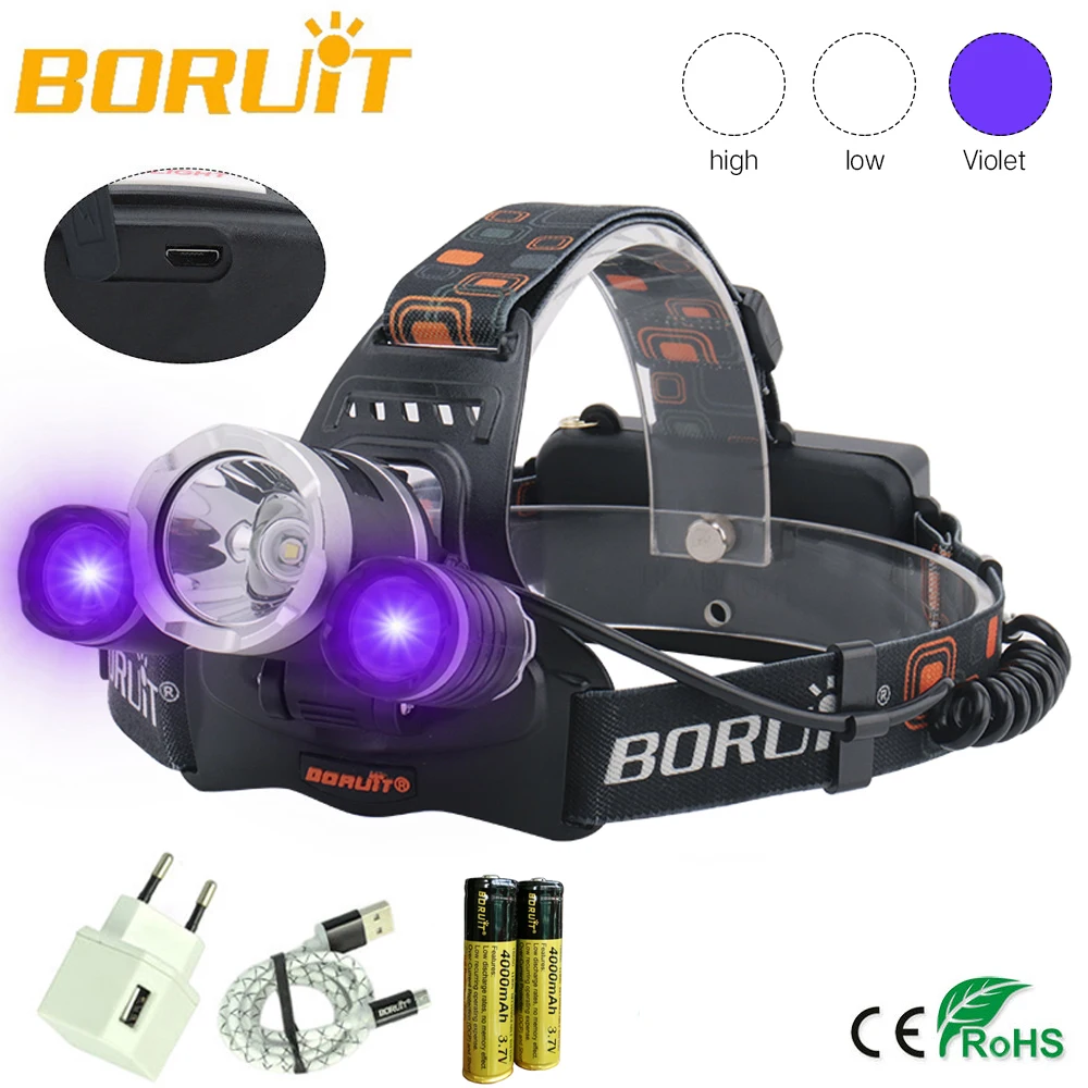 cheap Boruit 6000LM 3x XML T6+2R2 UV 395nm LED Headlamp Headlight Head Torch+EU Charger+Rechargeable 18650 Camping Fishing Cycling