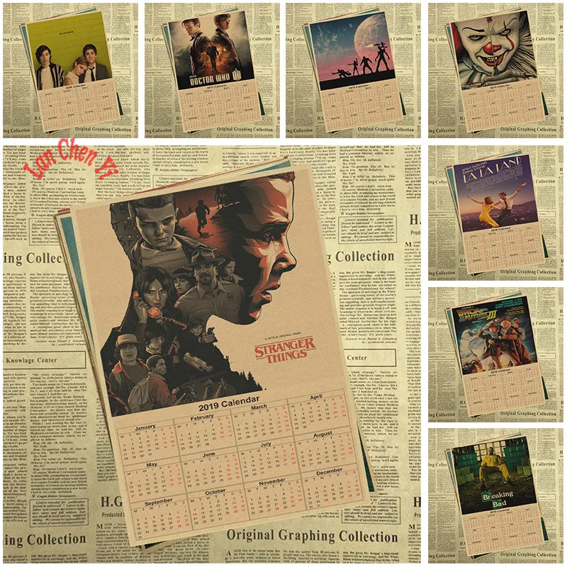 2019 Calendar Classic film Series 1 Kraft paper poster Cafe Bar Home Decor Retro Paper Wall Sticker | Дом и сад
