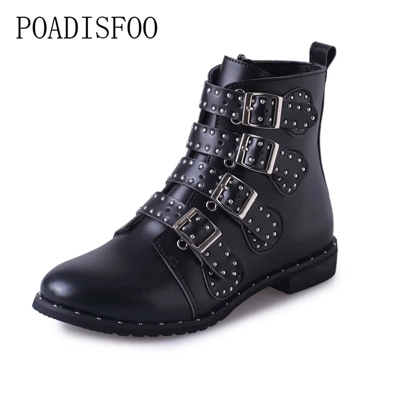 LTARTA Black Studded Leather Ankle Boots Buckles Low Heeled High Women