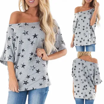 

womens tops and blouses Off Shoulder Short Sleeve Stars Printing Sandy Beach Easy Blouse dames kleding blusas mujer de moda 2019