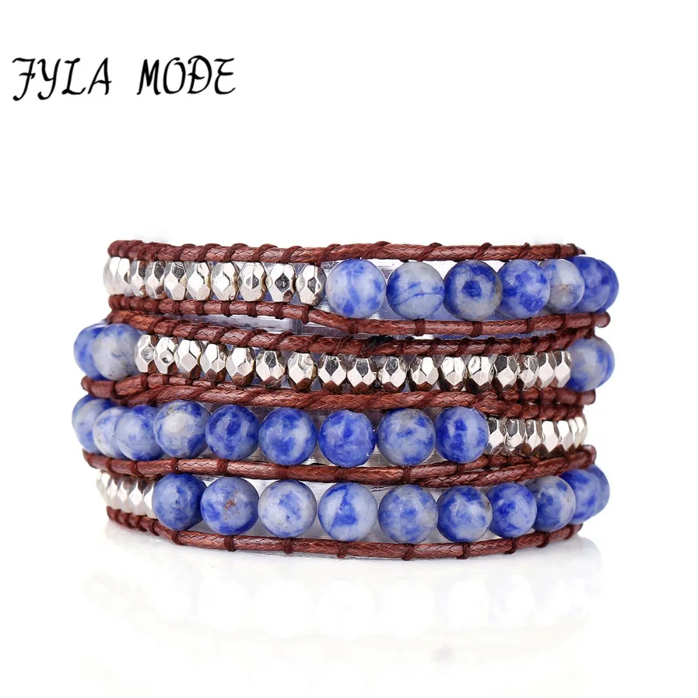 

Fyla Mode Exclusive Natural Blue White Stone Beads 4 Strands Weave Leather Wrap Bracelet Multi Layered Vintage Woven Bracelet