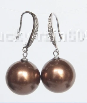 

FREE shipping> >>>Dangle 14mm round coffee south sea shell pearls Earrings 925s hook E9200