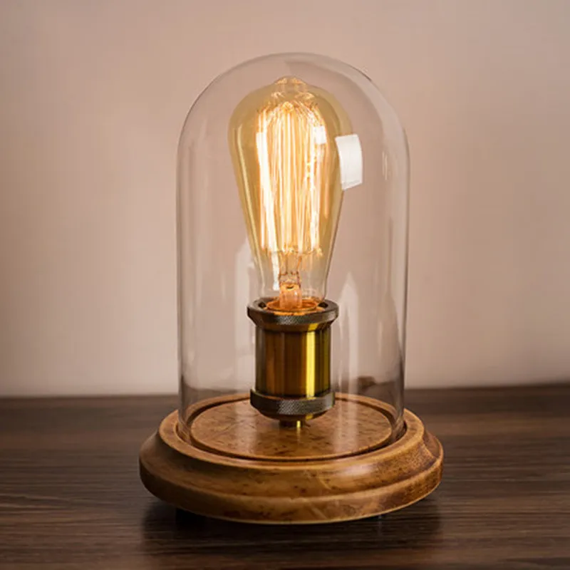  FUMAT Vintage Dimmer Table Lamp Loft Solid Wood Desk Lamp with Glass Shade American Country Bedrom 