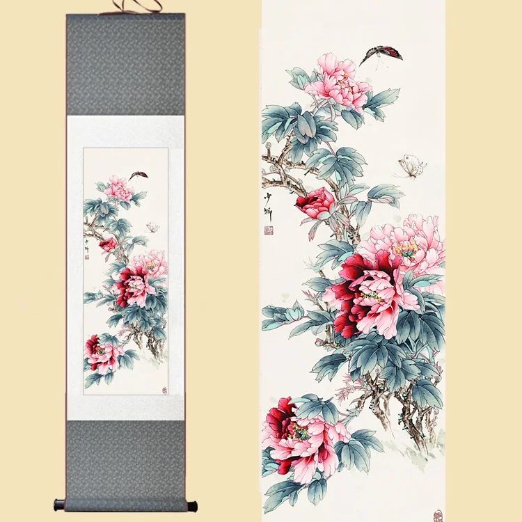 

Chinese Silk watercolor flower bird Rich red peony butterfly Feng Shui ink art wall picture damask framed scroll canvas painting