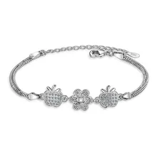 Simple 925 Silver Cute Flowers Apple Shape White Zirconia Chain Bracelet For Girls Women Female Charm Bracelet Jewelry BL039
