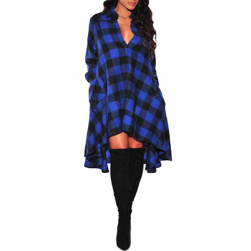 Женское платье рубашка в клетку с V образным вырезом|plaid shirt dress|shirt dresscasual dress |