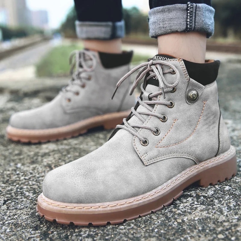 

Winter boots men sewing round toe leather ankle boot comfortable short plush snow boots 2019 designer botas hombre