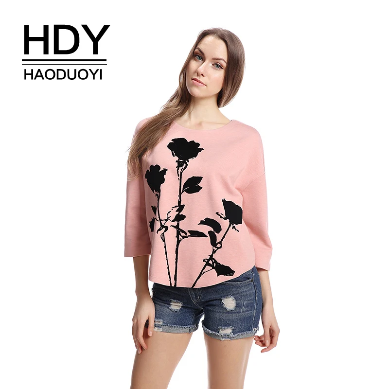 Женская футболка HDY Haoduoyi розовая с цветочным принтом и рукавами реглан О образным