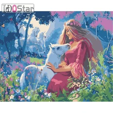 Маленькая Белая овца и изображение девушки комплекты номеров ручная роспись маслом стиль на льняном холсте уникальный подарок DIY живопись