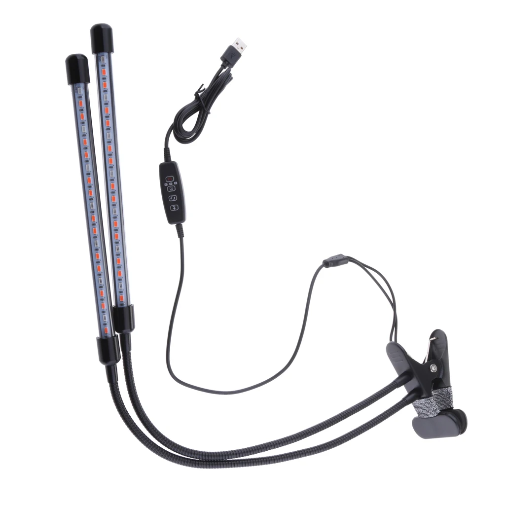 3/6/12h Timing LED Plant Grow Light Hydroponics 20W Dual Head Flower Lamp Tubes Lights USB