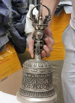 

Tibet White Copper Silver Kwan-yin Bodhisattva Buddha Head Talisman vajra Bell
