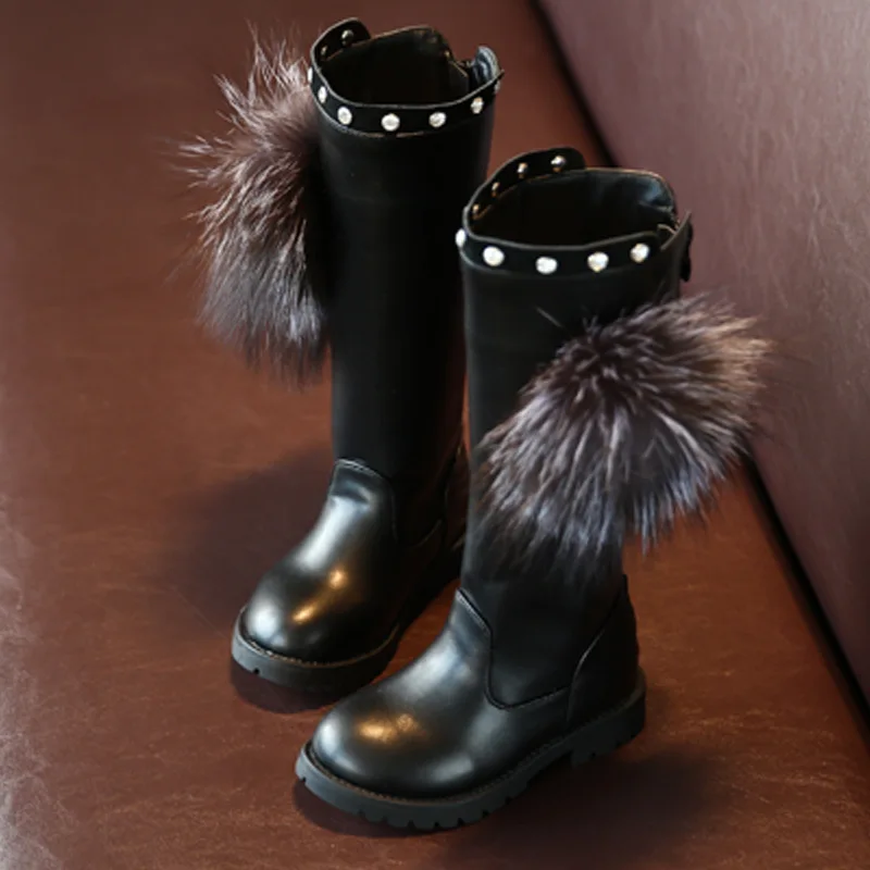 Модные кожаные сапоги для девочек; коллекция года; зимняя детская обувь; Ботинки martin в стиле принцессы; сапоги до колена для девочек; детские черные сапоги с цветочным узором