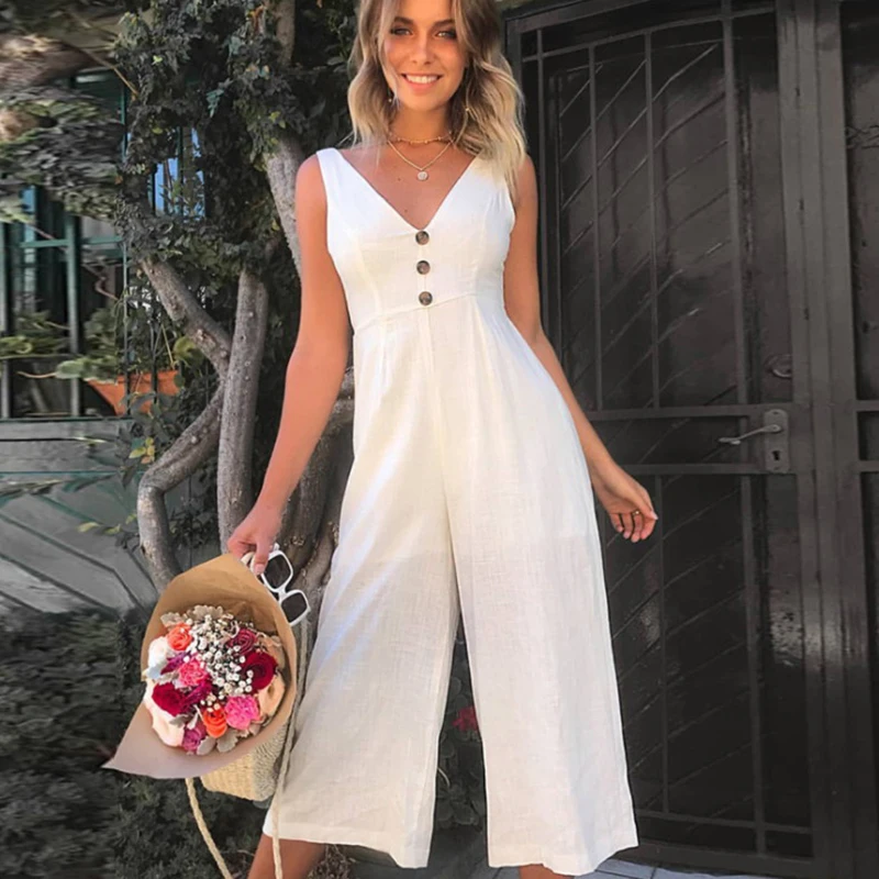 

Umeko Sleeveless Jumpsuit Casual V Neck Backless High Waist Boot Cut Flare Overalls with Button Bandage Bodycon Salopette Femme