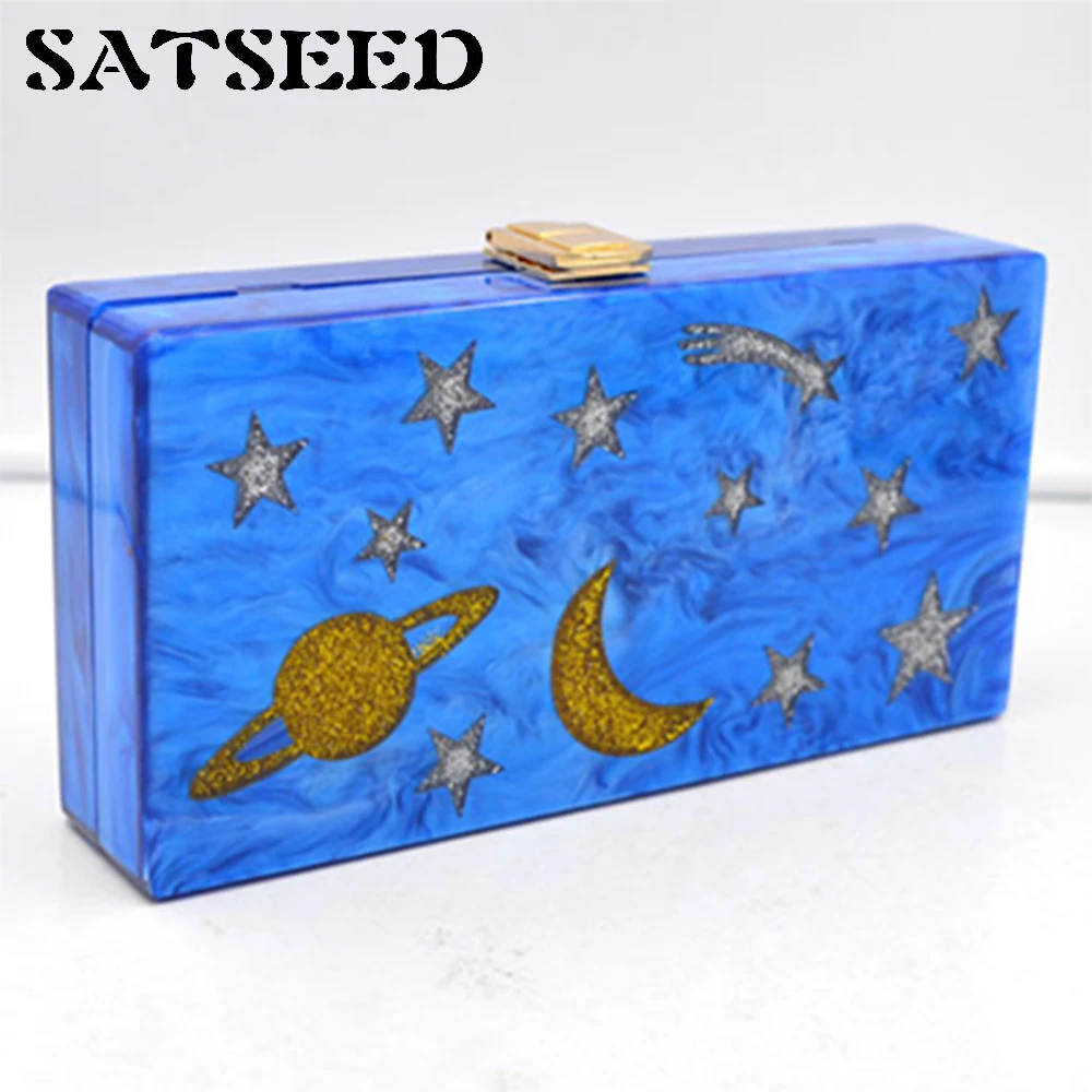 

2017 New Fashion Star Moon Acrylic Evening Dinner Bags Handbags Shoulder Crossbody Bags Messenger Bag Satchels Landscape Hard
