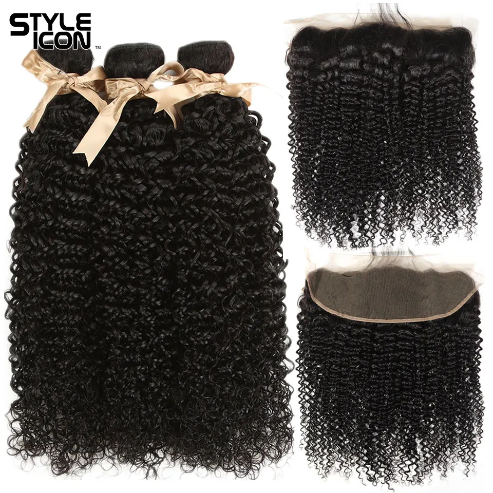 Styleicon Kinky Curly Bundle with Frontal Peruvian Hair Bundles with Frontal 13x4 Curly Wave Non-Remy Hair Bundles Closure