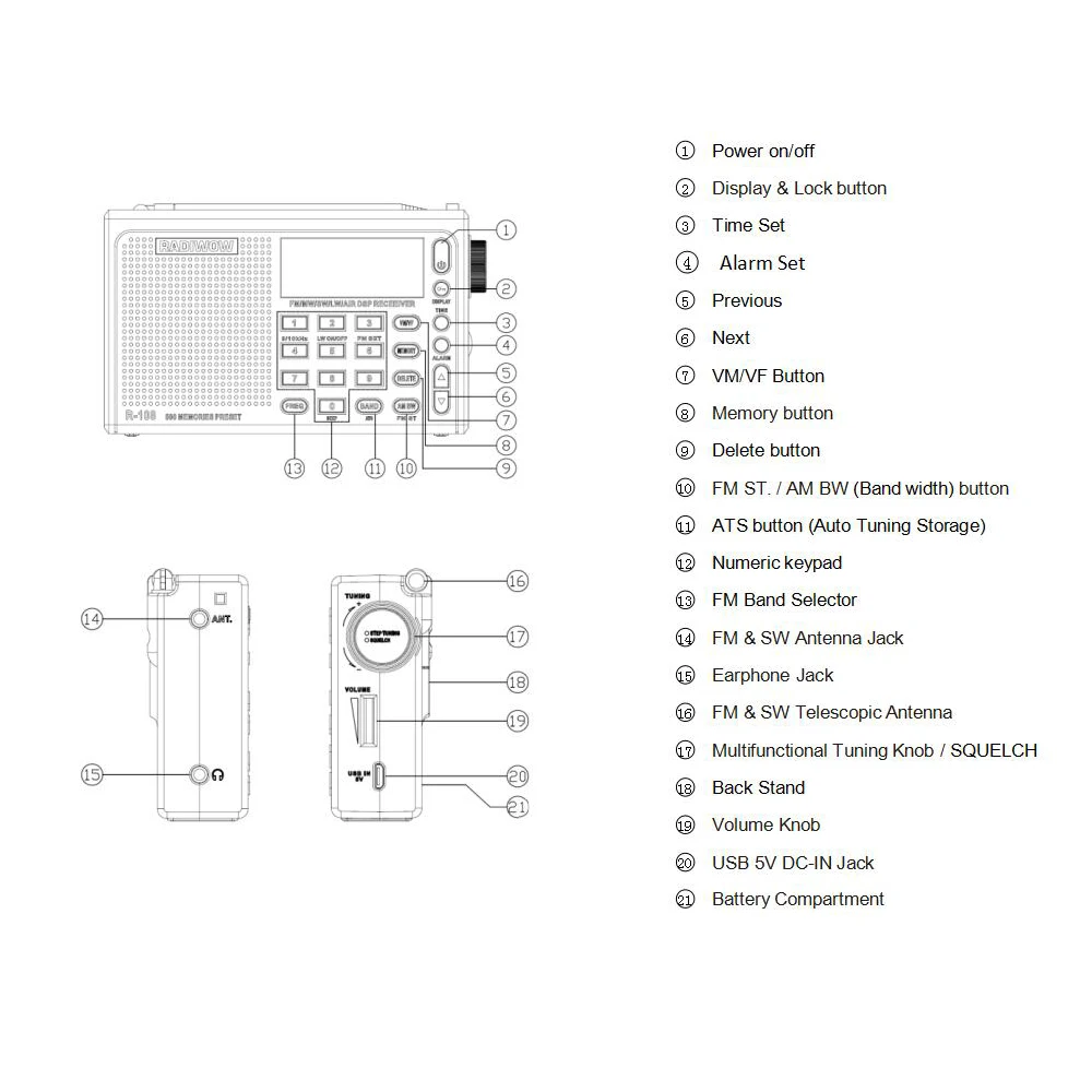 Radiwow R-108 цифровой портативный Радио Стерео FM/LW/SW/MW/AIR/DSP с ЖК-дисплеем/высококачественной функцией звуковой сигнализации для внутреннего и наружного использования