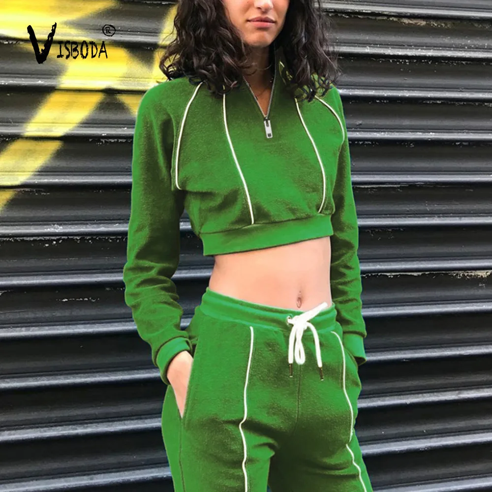 

Women Reflective Green Tracksuits 2 Piece Set Crop Sweatshirt Pants Fashion Casual Female Loose Long Sleeve Hoodies Pants Suit