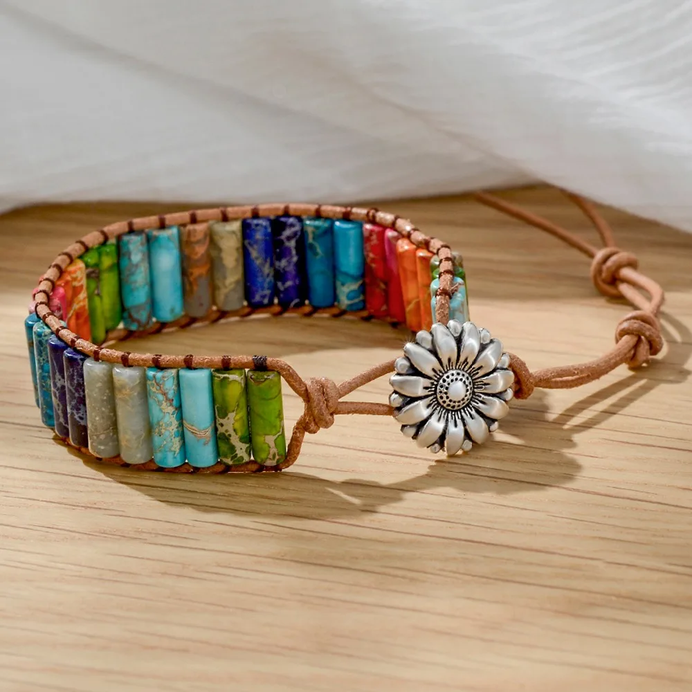 Chakra Bracelet Jewelry Handmade Rainbow Natural Stone Tube Beads Leather Wrap Bracelet Couples Bracelets Creative Gifts Chakra Bracelet Jewelry Handmade Rainbow Natural Stone Tube Beads Leather Wrap Bracelet Couples Bracelets Creative Gifts