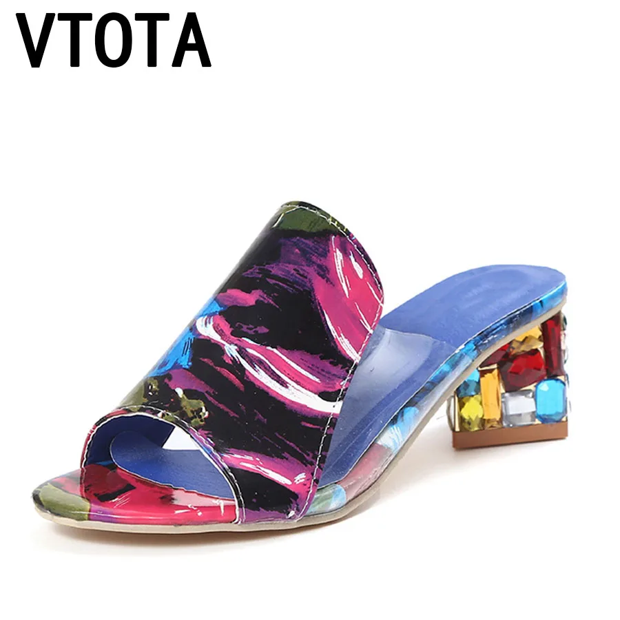 

VTOTA Women High Heels Peep Toe Ladies Party Shoes Rhinestone Chunky Heel Female Slippers Outdoor Women Summer Shoes Sandalia