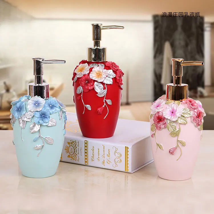 Цветочный дизайн смолы ванная комната ручной насос дозатор жидкого мыла изысканный отель лосьон бутылка шампуня диспенсер