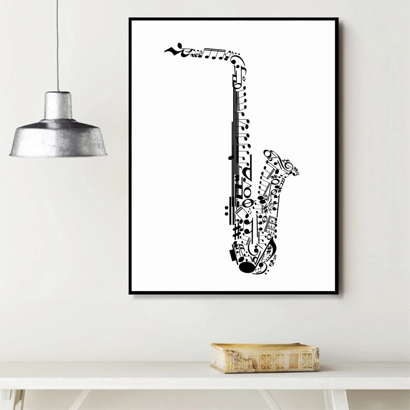 Саксофон, сделанный с музыкальными символами, холст, художественный принт, плакат, Настенная картина, джаз музыка, холст, живопись, домашнее музыкальное украшение