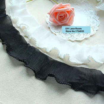 

5.5cm 10yards(after stretch) White/Black Ruffled Lace Trimming Ruffles Lace with Beads Dress Garment Accessory Z790