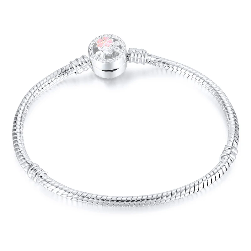 

Silver Color Poetic Daisy Cherry Blossom Mixed Enamels & Clear CZ Snake Chain Pandora Bracelet For Women Jewelry