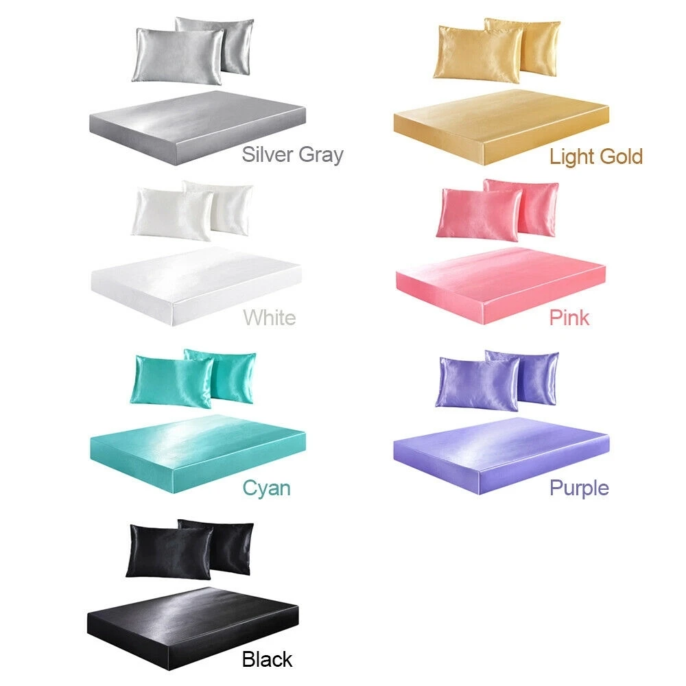  Super Soft Silky Satin Fitted Sheet Mattress Cover Deep Pocket Pillowcases Bed Sheet Set Wrinkle Fa