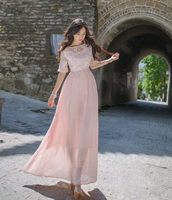 

New Spring Summer Women dress Chiffon Organza Embroidery Long Dresses Meat Powder 6008
