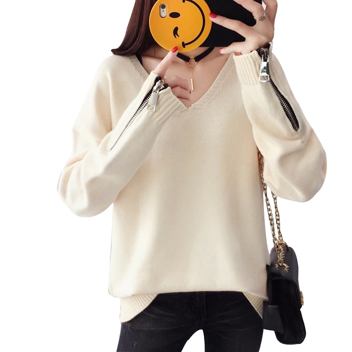 Rlyaeiz Brand New Sweater Women 2018 Spring Autumn Loose Knitted Pullover Sweaters V-neck Solid Long Sleeve Knitwear | Женская одежда