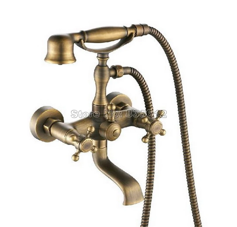 Classic Antique Brass Wall Mounted Bathroom Dual Cross Handles Bathtub Faucet with Handheld Shower Head Mixer Tap Wtf009