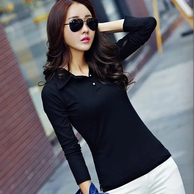 Новые однотонные женские рубашки поло с длинным рукавом хлопковые повседневные женские рубашки поло с отворотом модные облегающие Женские топы - Цвет: Black