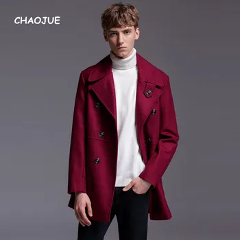 

CHAOJUE Brand Wine Red Wool Over Coat for Mens England Fashion Double Breasted Causal Woolen Coat 2018 Male Big Size Outwear
