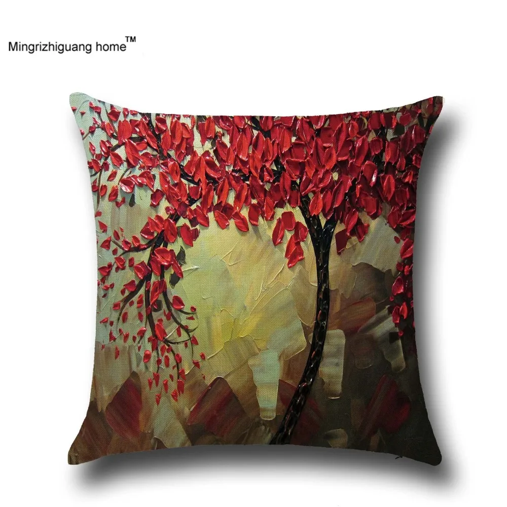 

1PC Cotton Linen Fabric Cushion Covers 3D Oil Paintings Tree Pattern Printed Home Sofa Car Decor Pillowcase 45x45cm OU 002