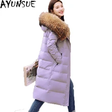 Новые зимние длинные белая утка вниз куртка Модное зимнее пальто Для женщин большой меховой воротник Повседневное теплая верхняя одежда женский парка ST423