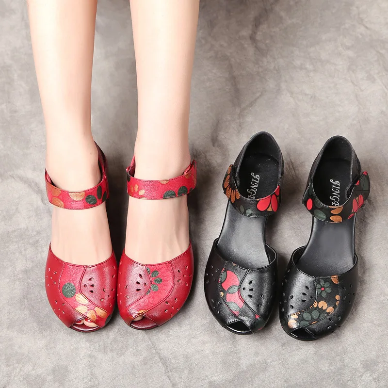 Кожаные сандалии; женская дышащая обувь на толстой подошве с открытым носком в национальном стиле; обувь для мам; обувь ручной работы; C0687