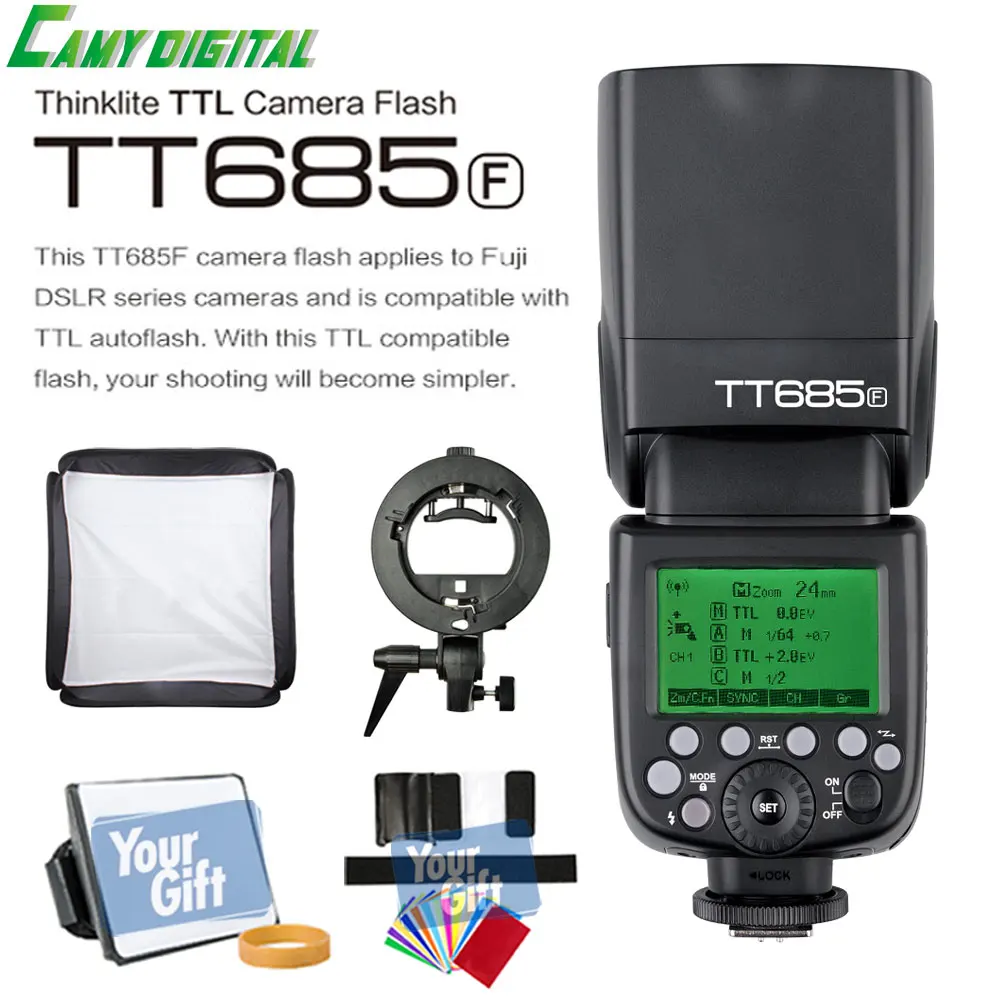 

Godox TTL II TT685F Camera Flash 2.4G wireless HSS 1/8000s GN60+Godox S-Type Bracket+SoftBox(40cm/50cm) Kit For Fuji Cameras