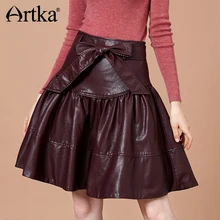 ARTKA Осенняя Женская плиссированная юбка в стиле ретро с бантом кожаная винтажная юбка женская плотная мини-юбка QA10889Q