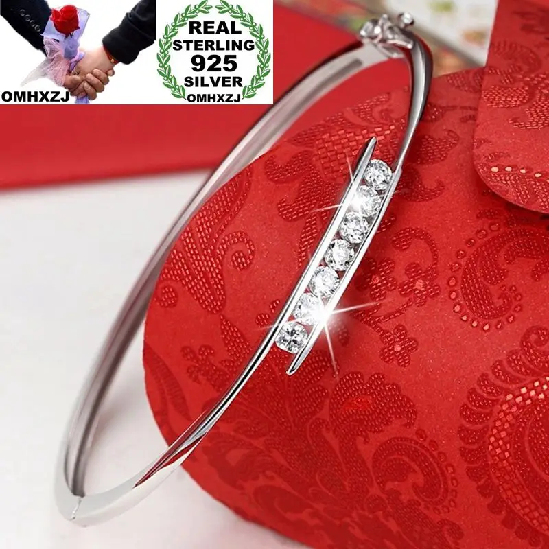 

OMHXZJ Wholesale European Fashion Woman Girl Party Wedding Gift White AAA Zircon 925 Sterling Silver Cuff Bangle BA76