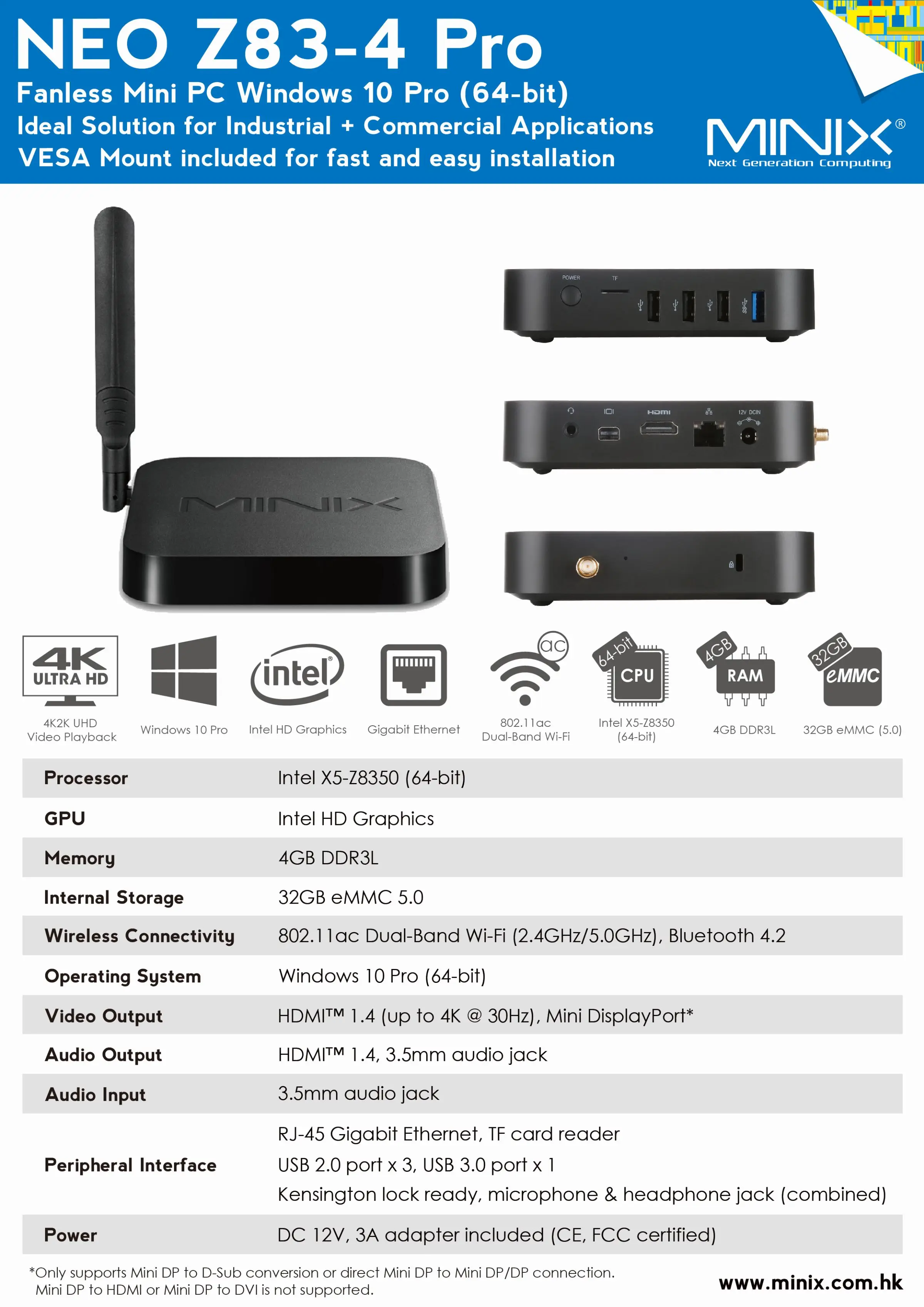 MINIX NEO Z83 4 Pro мини ПК Windows 10 Intel Atom x5 Z8350 Четырехъядерный Гб RAM 32 ГБ ROM с креплением VESA