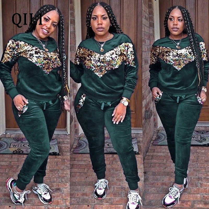 QILI Velvet Long Sleeve Jumpsuits For Women Sequined Two piece set Office Lady Jumpsuit New Autumn Winter Women Casual Jumpsuits
