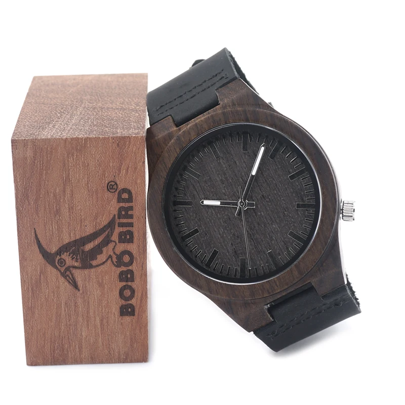 BOBO BIRD B12 Ebony Wood Men's Designer Bamboo Wooden Wristwatch With Genuine Leather Strap Casual Men dress Watch In Gift Box