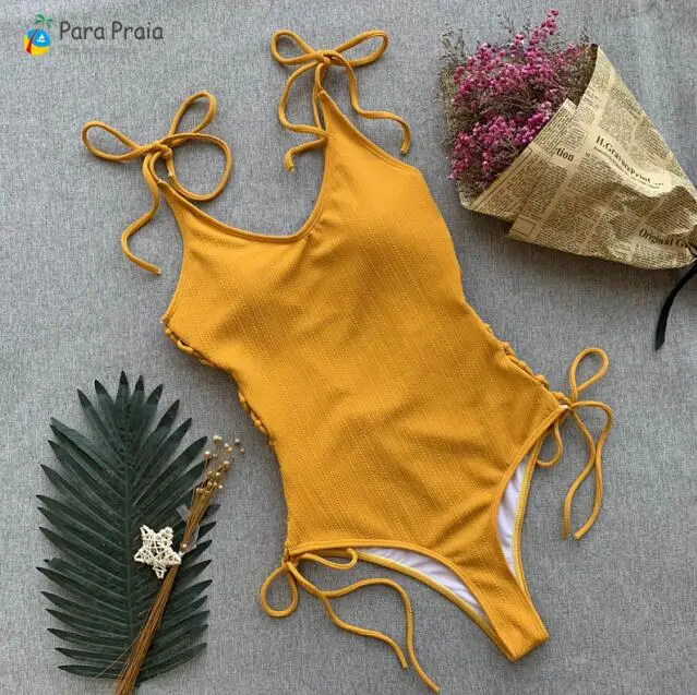 Цельный купальник женский сексуальный цельный купальник со шнуровкой Монокини пуш-ап купальник на завязках купальный костюм открытые купальные костюмы - Color: Yellow