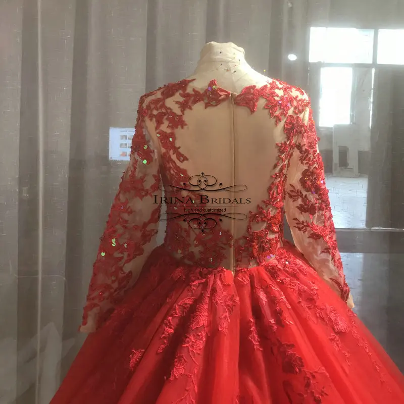 Irina Bridals настоящие фотографии Высокое качество Кружева Аппликации роскошный красный свадебное платье