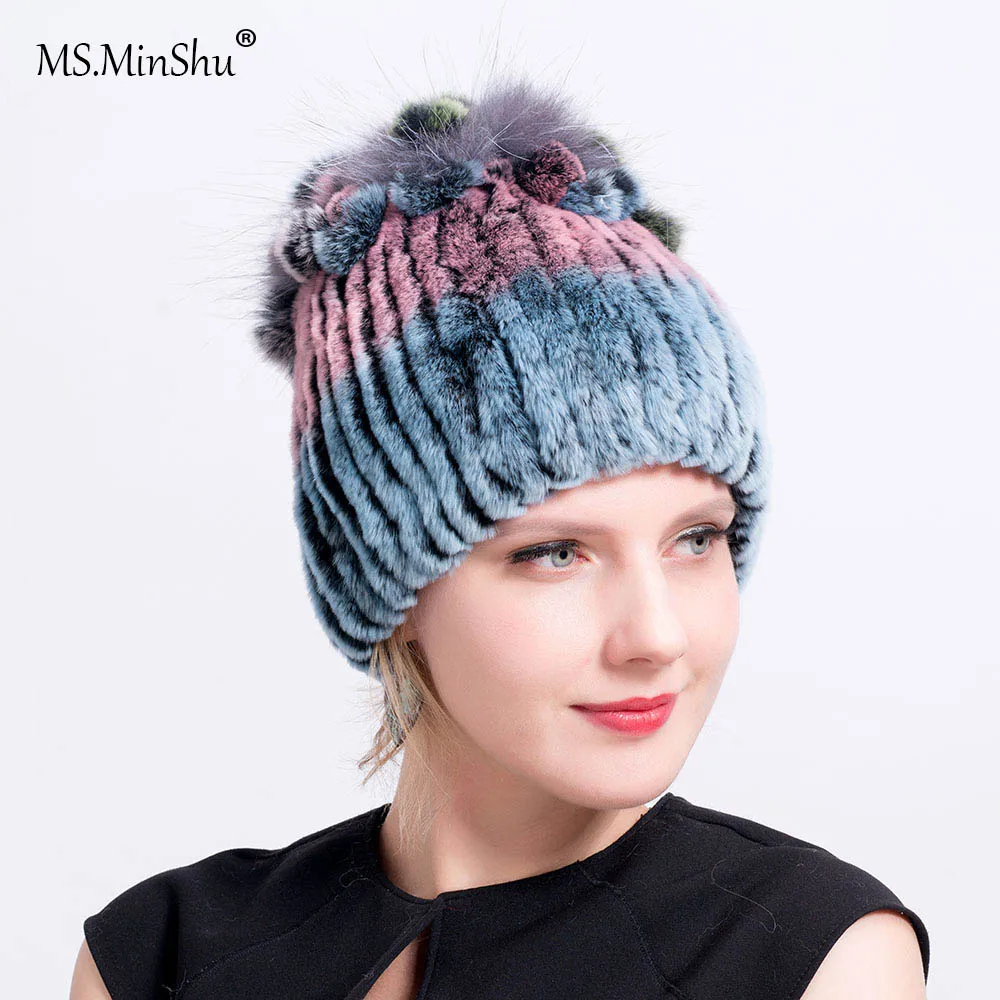 

Genuine Rex Rabbit Fur Hat Women Real Fur Beanies Winter Thicken Cap Winter Headwarmer Real Fur Hat with Top Crown winter hat